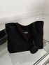 Letter Patch Shoulder Tote Bag Black Corduroy With Coin Purse