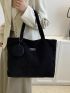 Letter Patch Shoulder Tote Bag Black Corduroy With Coin Purse