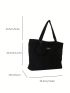 Letter Patch Shoulder Tote Bag Black Corduroy With Coin Purse