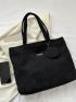 Letter Patch Shoulder Tote Bag Black Corduroy With Coin Purse