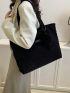 Letter Patch Shoulder Tote Bag Black Corduroy With Coin Purse