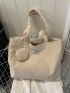 Letter Patch Shoulder Tote Bag Khaki Corduroy With Coin Purse