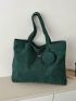 Letter Patch Shoulder Tote Bag Dark Green Corduroy With Coin Purse