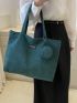 Letter Patch Shoulder Tote Bag Dark Green Corduroy With Coin Purse