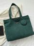 Letter Patch Shoulder Tote Bag Dark Green Corduroy With Coin Purse