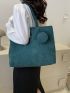 Letter Patch Shoulder Tote Bag Dark Green Corduroy With Coin Purse