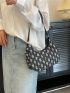 Checkered Pattern Hobo Bag Polyester Raw Trim Denim Bag