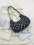 Checkered Pattern Hobo Bag Polyester Raw Trim Denim Bag