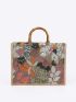 Medium Straw Bag Sequin Decor Random Floral Pattern