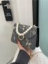 Mini Square Bag Flower Embroidery Faux Pearl Decor Chain Strap