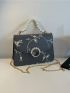 Mini Square Bag Flower Embroidery Faux Pearl Decor Chain Strap