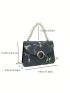 Mini Square Bag Flower Embroidery Faux Pearl Decor Chain Strap