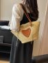 Medium Straw Bag Heart Patch With Drawstring Inner Pouch