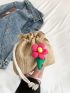 Mini Flower Decor Straw Bag Drawstring Design Vacation