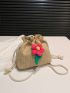 Mini Flower Decor Straw Bag Drawstring Design Vacation