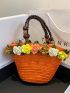 Small Straw Bag Double Handle Flower Decor Vacation Style