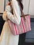 Striped Pattern Shoulder Tote Bag Colorblock Double Handle For Daily