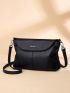 Genuine Leather Flap Square Bag Letter Decor Black