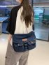 Medium Messenger Bag Letter Patch Decor Studded Detail Denim Bag