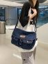 Medium Messenger Bag Letter Patch Decor Studded Detail Denim Bag