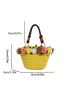 Small Straw Bag Flower & Bead Decor Vacation