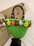 Small Straw Bag Flower & Bead Decor Vacation