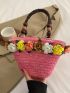 Small Straw Bag Flower & Bead Decor Vacation