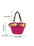 Small Straw Bag Flower & Bead Decor Vacation