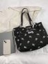 Medium Tote Bag Flower Pattern Faux Pearl Decor