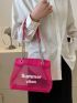 Letter Print Square Bag Mesh Design Neon Pink, Clear Bag