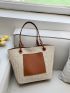 Color Block Straw Bag Medium Double Handle Vacation Beach Bag