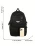 Black Classic Backpack Preppy Letter Patch & Release Buckle Decor For School