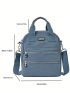 Dusty Blue Classic Backpack Casual Letter Patch Decor Multi Zipper