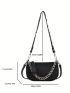 Mini Baguette Bag Vintage Litchi Embossed Chain & Studded Decor Zipper PU