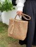 Khaki Straw Bag Vacation Tassel & Bead Decor Zipper