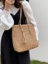 Khaki Straw Bag Vacation Tassel & Bead Decor Zipper