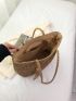 Khaki Straw Bag Vacation Tassel & Bead Decor Zipper