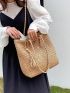 Khaki Straw Bag Vacation Tassel & Bead Decor Zipper