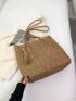 Khaki Straw Bag Vacation Tassel & Bead Decor Zipper