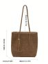 Khaki Straw Bag Vacation Tassel & Bead Decor Zipper