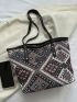 Random Geometric Pattern Shoulder Tote Bag Contrast Binding Polyester Vacation