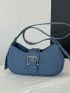 Blue Hobo Bag Fashionable Buckle Decor Adjustable Strap Polyester