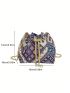 Mini Geometric Pattern Faux Pearl Decor Drawstring Design Chain Bucket Bag