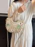 Hollow Out Straw Bag Flower & Faux Pearl Decor Ring Strap For Vacation
