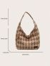 Casual Hobo Bag Rhombus Pattern Letter Patch Decor