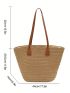 Khaki Straw Bag Large Capacity Vacation Zipper