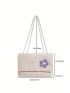 Medium Flap Straw Bag Flower Decor Vacation