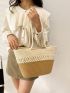 Large Straw Bag Two Tone Twilly Scarf Decor No-closure Double Handle Vacation