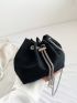 Crocodile Embossed Bucket Bag Faux Pearl Decor Chain Drawstring Polyester Fashionable