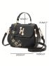 Floral Embroidered Bow & Faux Pearl Decor Flap Saddle Bag Fashion, Elegant For Office & Work